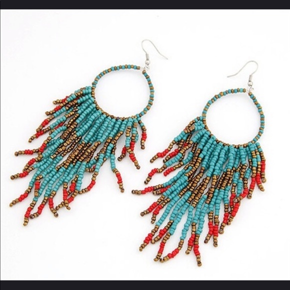 Bohemian tribal beaded large statement earrings - Picture 3 of 8